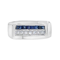 Art Deco Style Square Cut Blue Sapphire & Diamond 14K White Gold Mens Ring