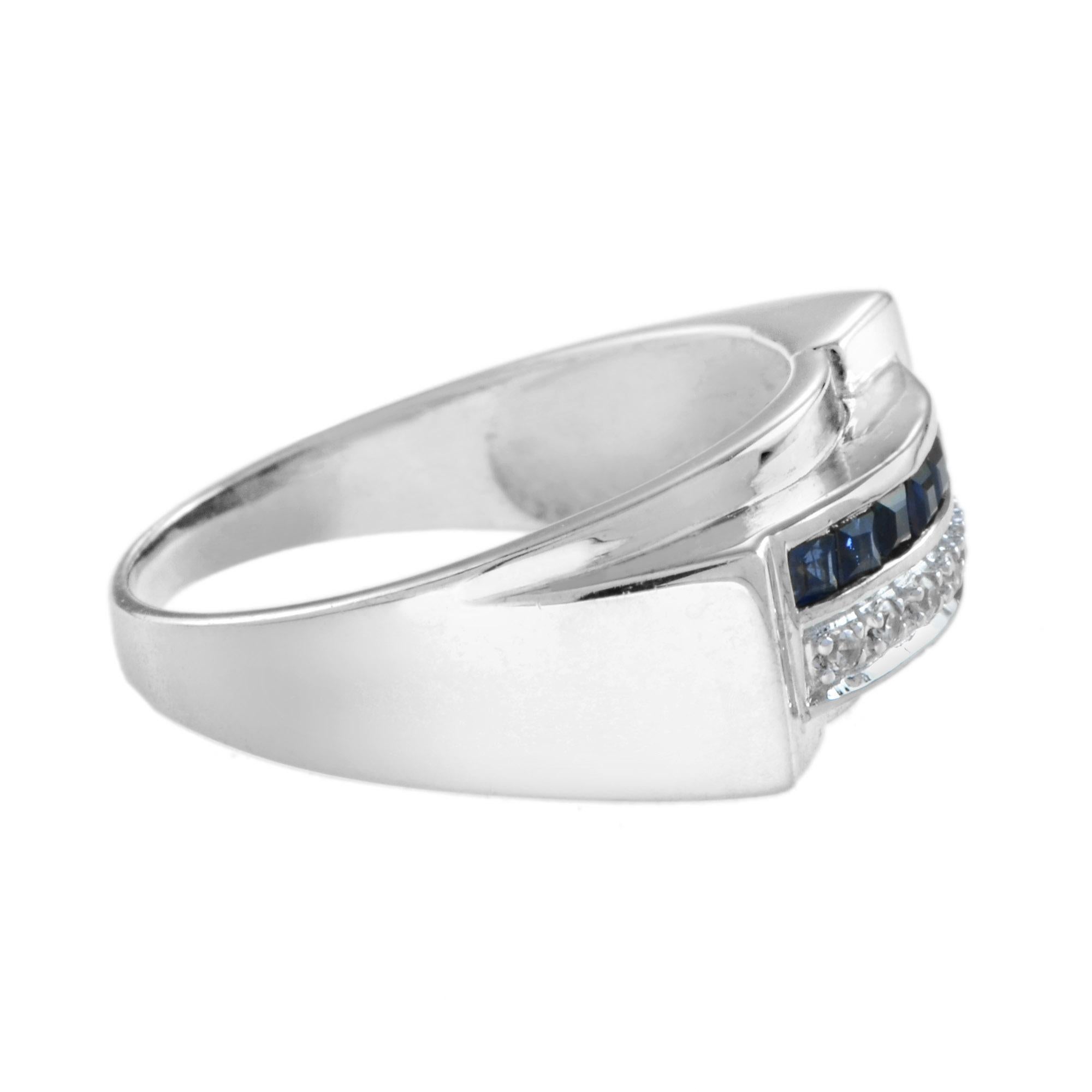 Art Deco Style Square Cut Blue Sapphire & Diamond 14K White Gold Mens Ring In New Condition For Sale In Oakton, VA