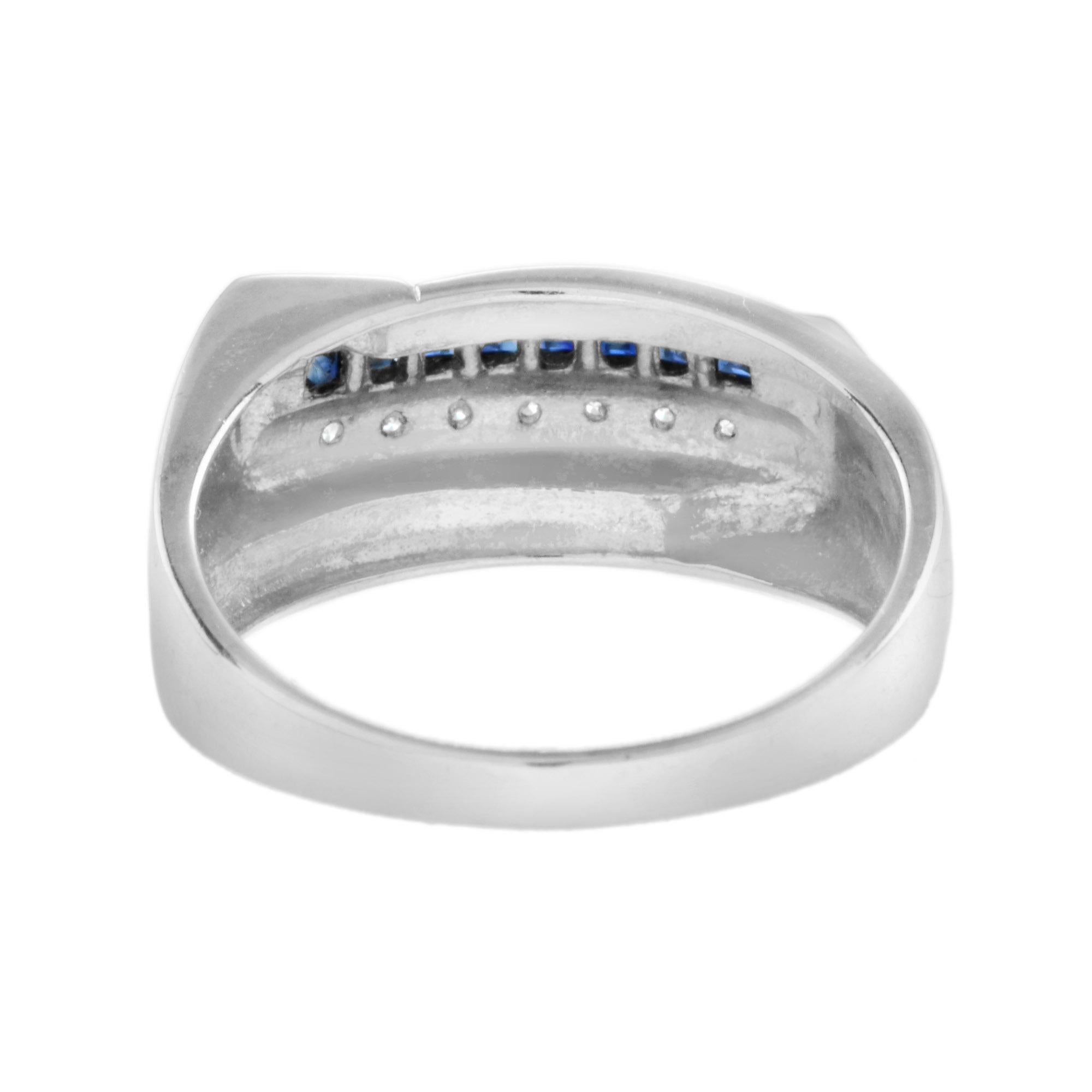 Men's Art Deco Style Square Cut Blue Sapphire & Diamond 14K White Gold Mens Ring For Sale