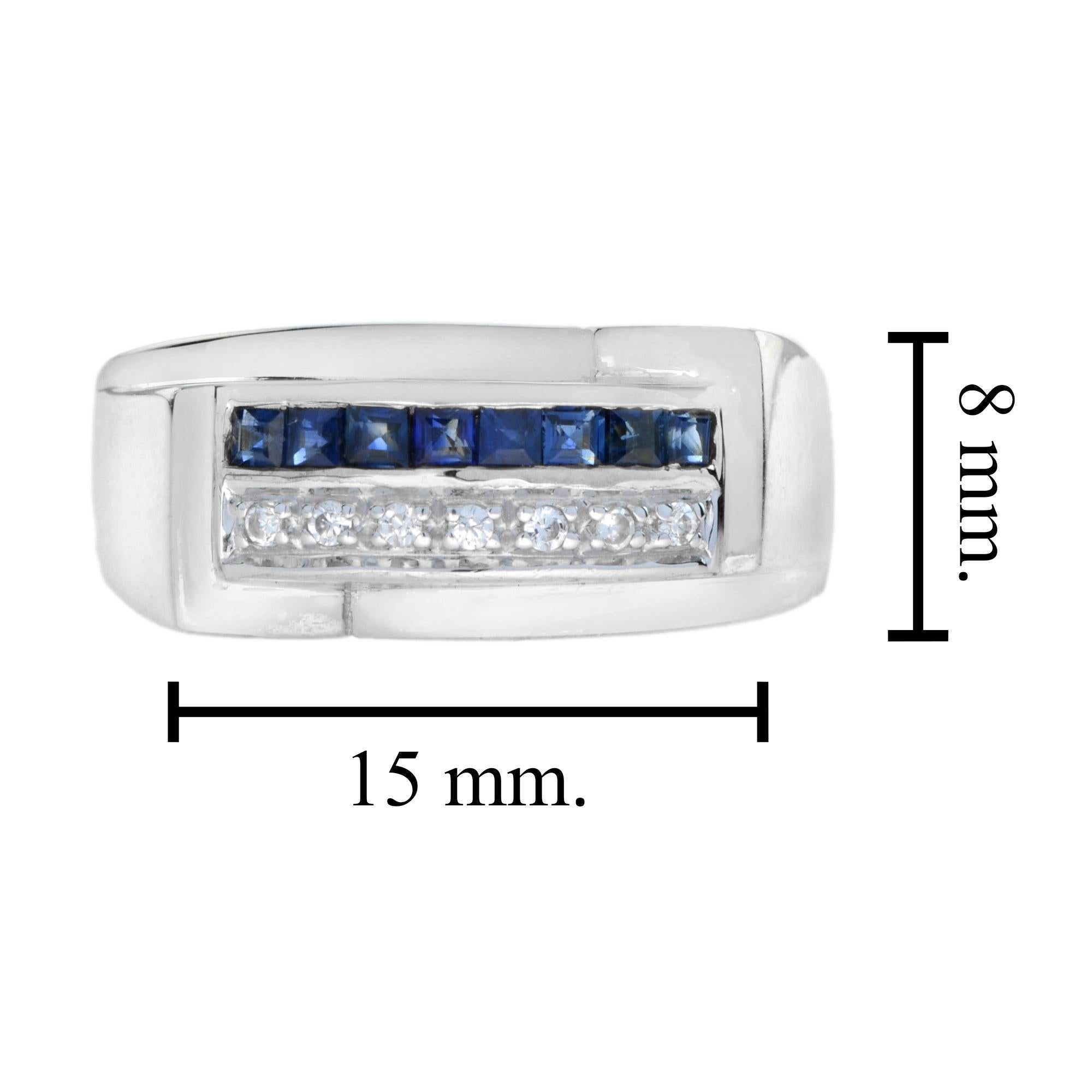 Art Deco Style Square Cut Blue Sapphire & Diamond 14K White Gold Mens Ring For Sale 4