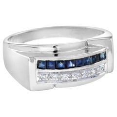 Art Deco Style Square Cut Blue Sapphire & Diamond 14K White Gold Mens Ring