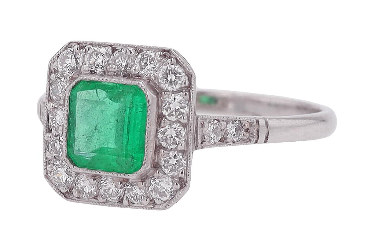 Art Deco Style Square Emerald Diamond Engagement Ring In New Condition For Sale In Santa Barbara, CA