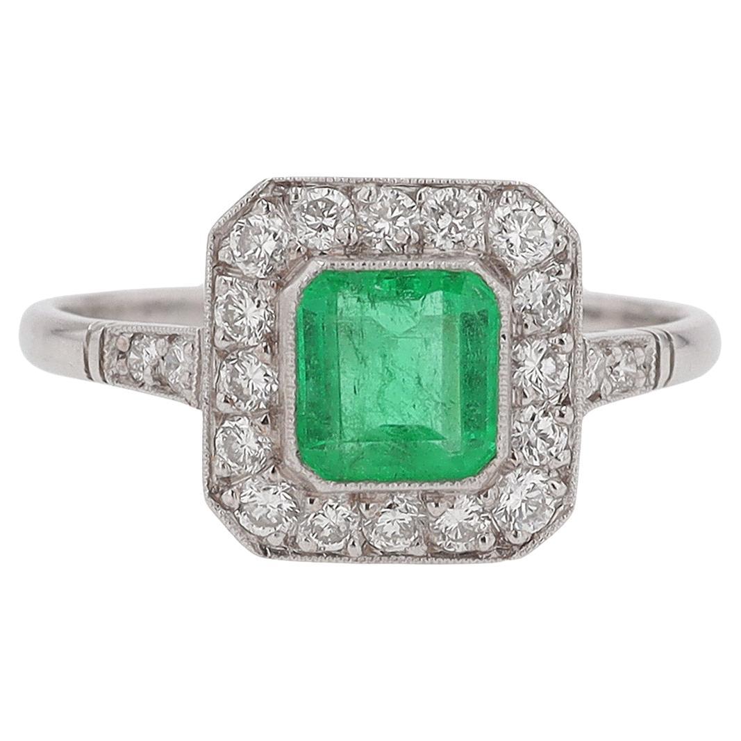 Art Deco Style Square Emerald Diamond Engagement Ring For Sale