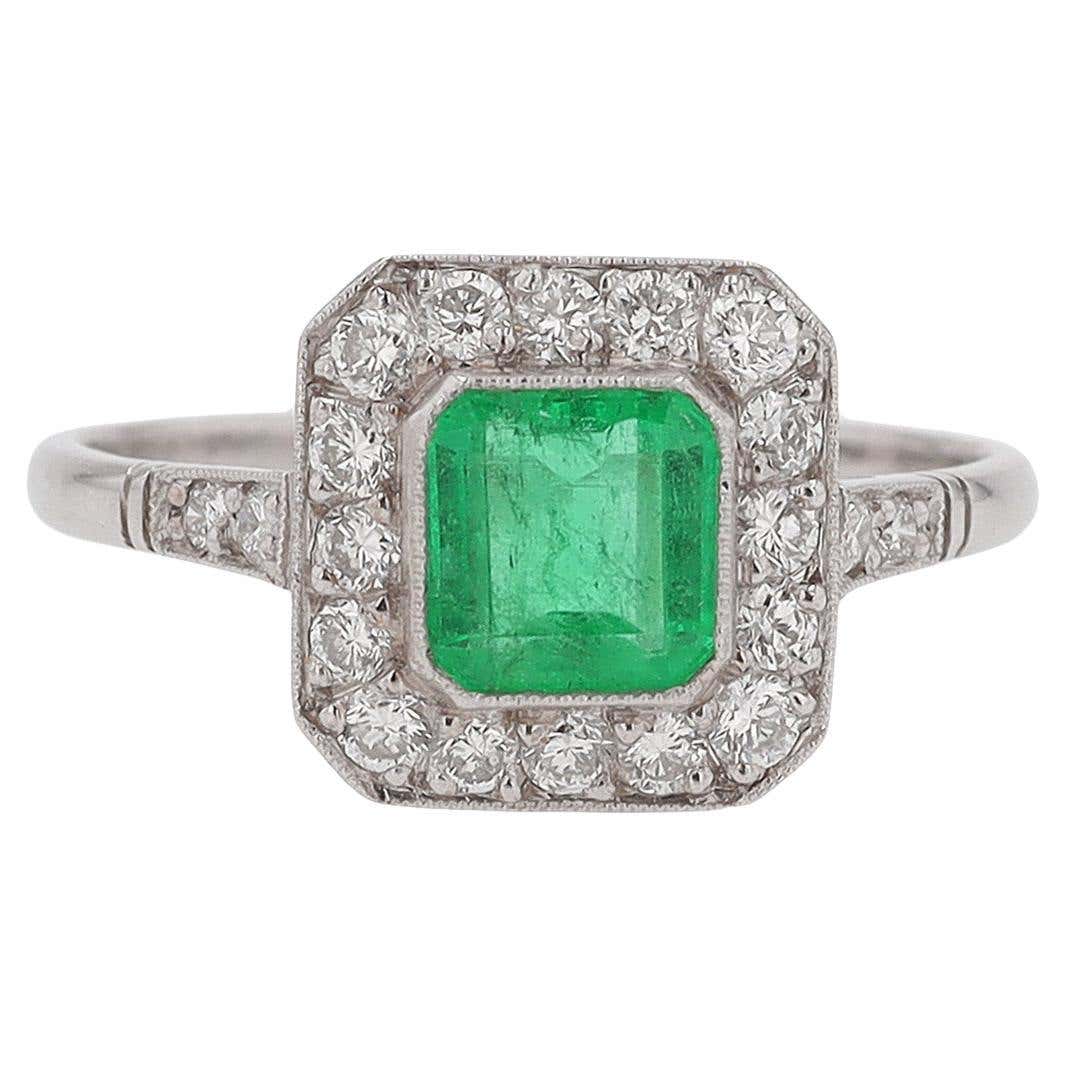 Square Rings Art Deco Style Square Emerald Diamond Engagement Ring For Sale at ...