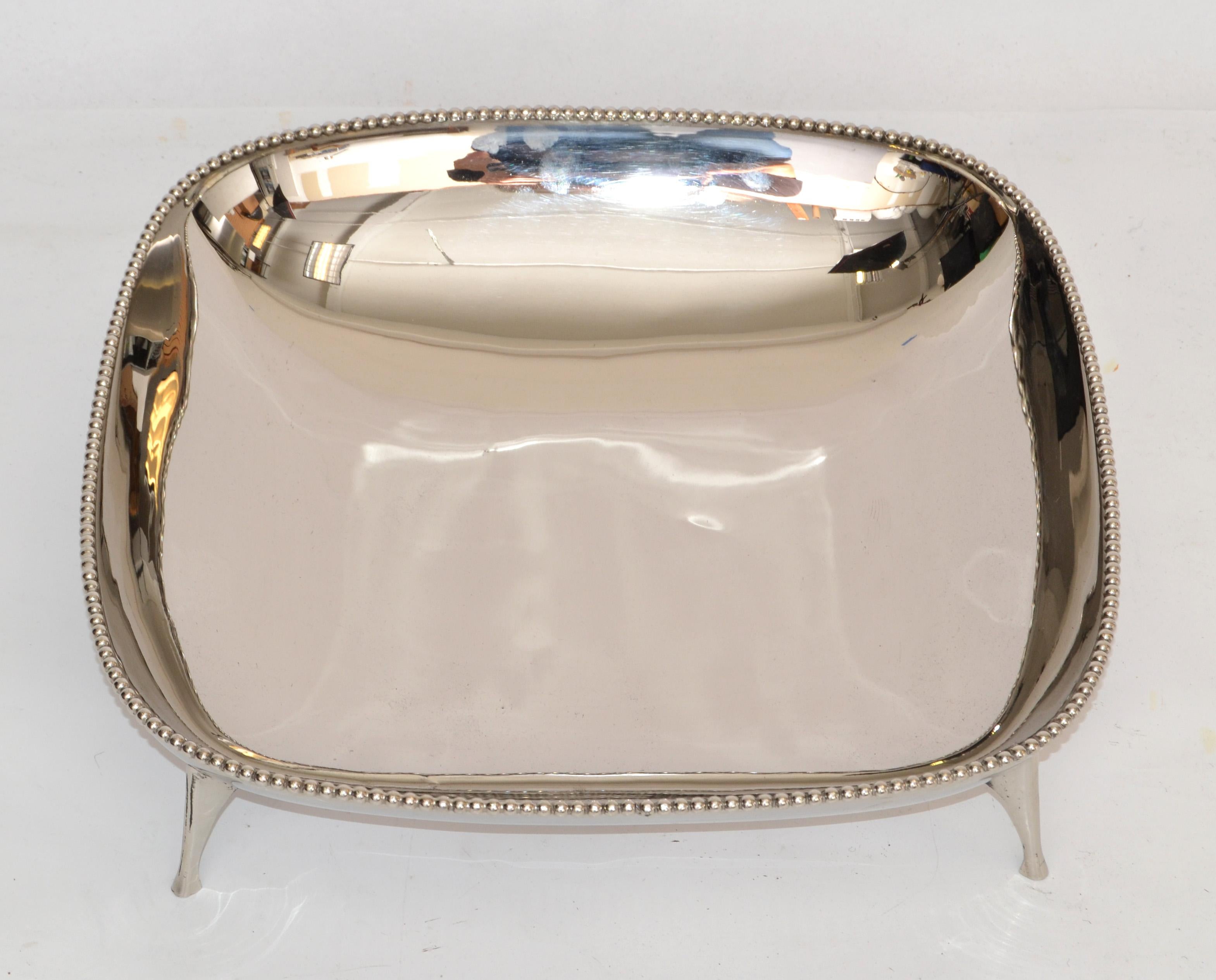 Mid-Century Modern Art Deco Style Square Footed Bowl Silver Plated & Silver Border Centerpiece For Sale