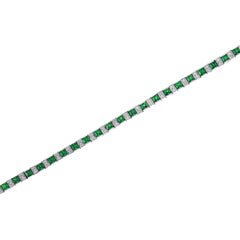Art Deco Style Square Green Emerald & Diamond White Gold Line Tennis Bracelet