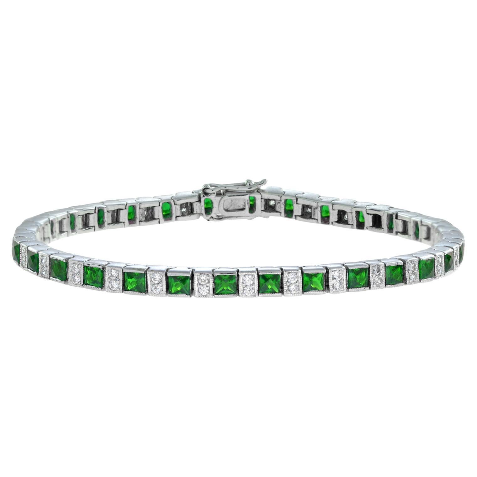 Art Deco Style Square Green Emerald & Diamond White Gold Line Tennis Bracelet