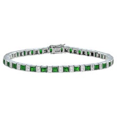 Art Deco Style Square Green Emerald & Diamond White Gold Line Tennis Bracelet