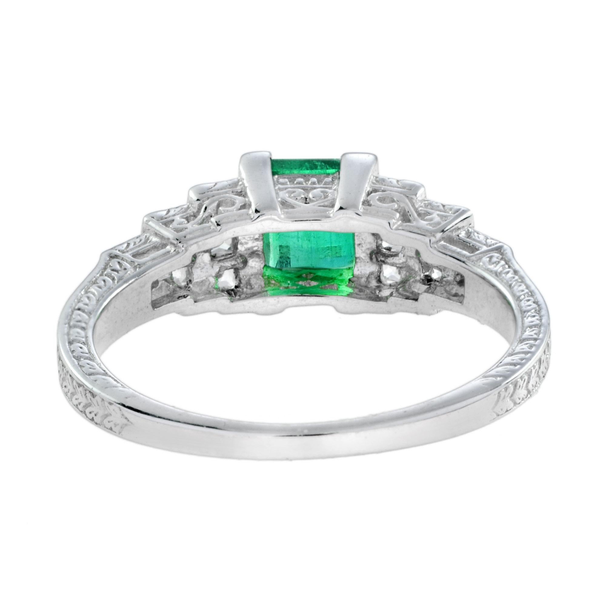 Square Cut Art Deco Style Square Green Emerald with Diamond Steps 18K White Gold Ring For Sale