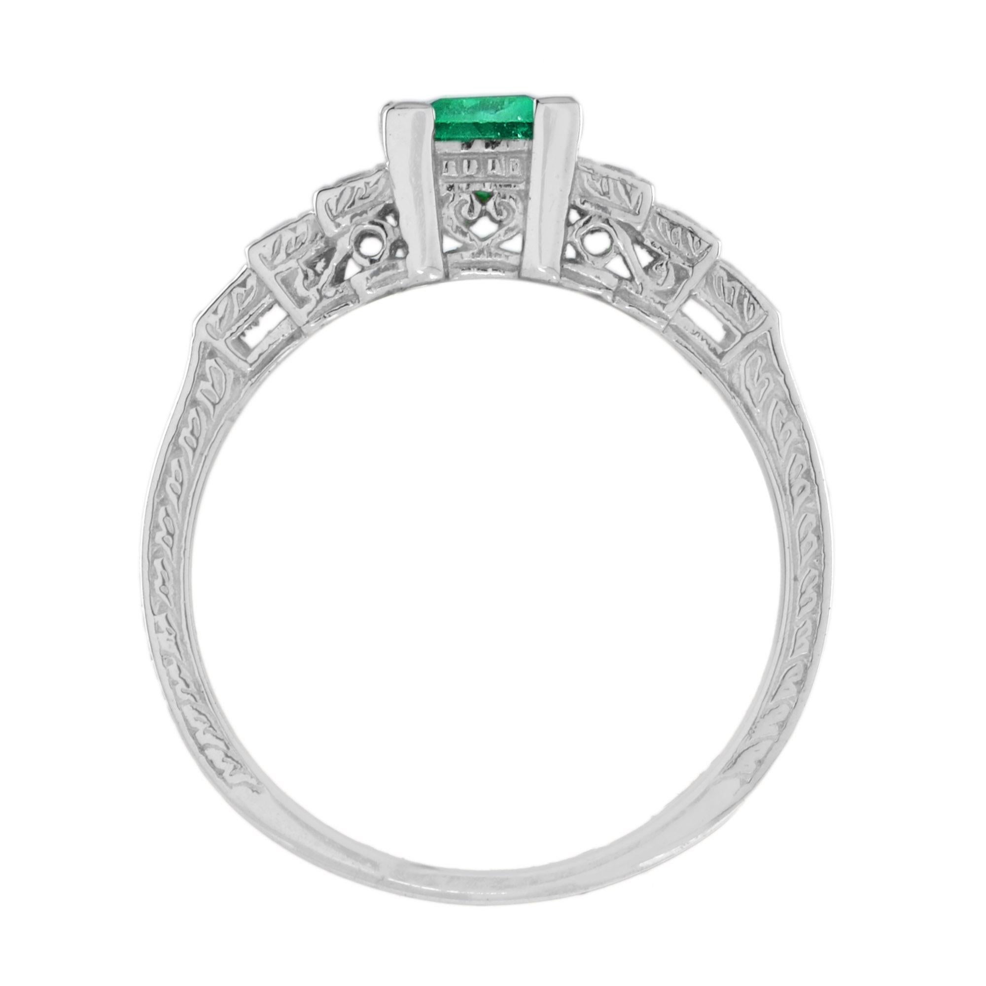 Art Deco Style Square Green Emerald with Diamond Steps 18K White Gold Ring In New Condition For Sale In Oakton, VA