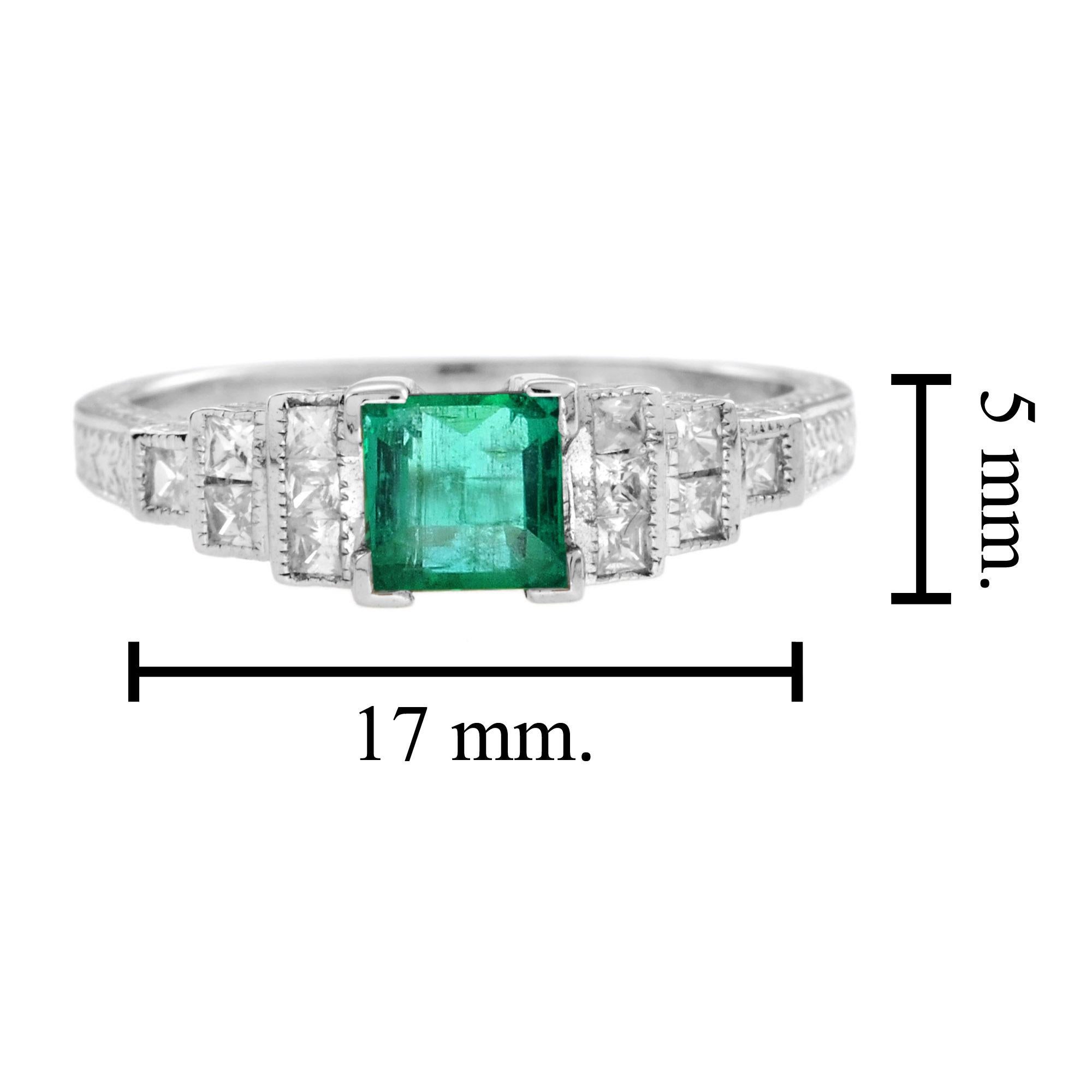 Art Deco Style Square Green Emerald with Diamond Steps 18K White Gold Ring For Sale 1