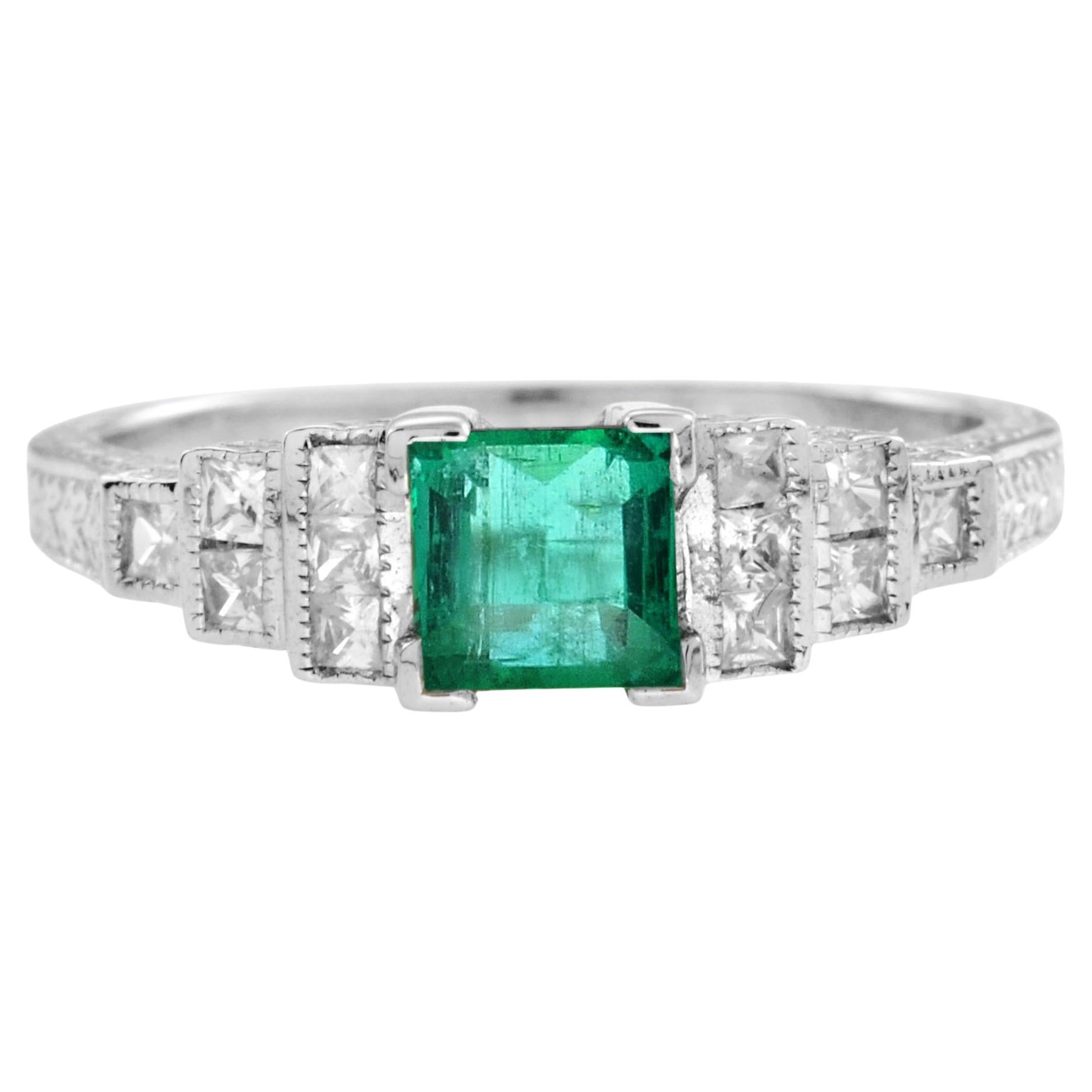 Art Deco Style Square Green Emerald with Diamond Steps 18K White Gold Ring For Sale