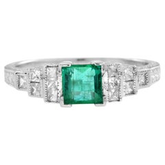 Art Deco Style Square Green Emerald with Diamond Steps 18K White Gold Ring