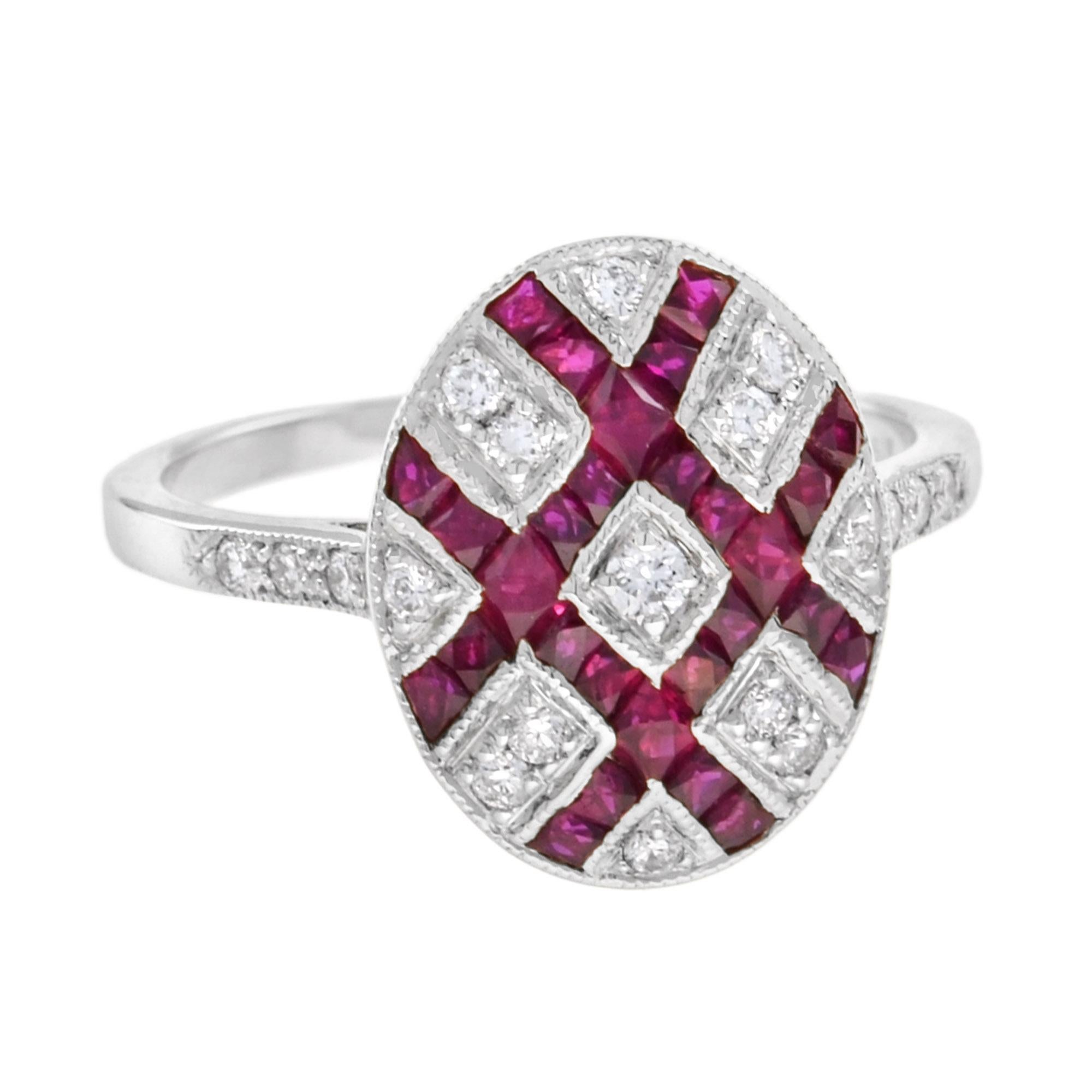 En vente :  Bague cocktail carrée Ellipse de style Art Déco en or blanc 18 carats, rubis et diamants 3