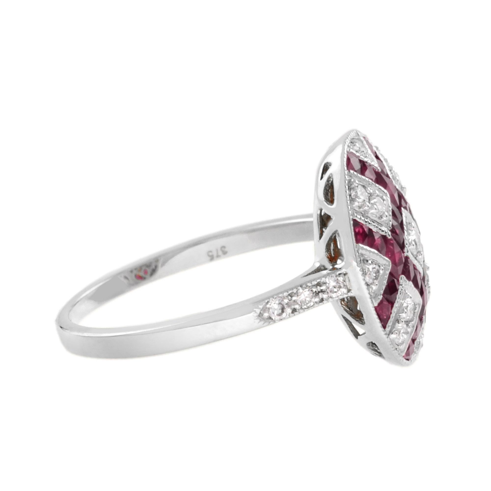 En vente :  Bague cocktail carrée Ellipse de style Art Déco en or blanc 18 carats, rubis et diamants 4