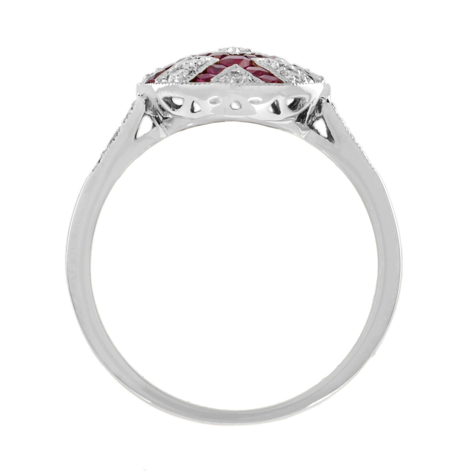 For Sale:  Art Deco Style Square Ruby and Diamond Ellipse Cocktail Ring in 18K White Gold 6