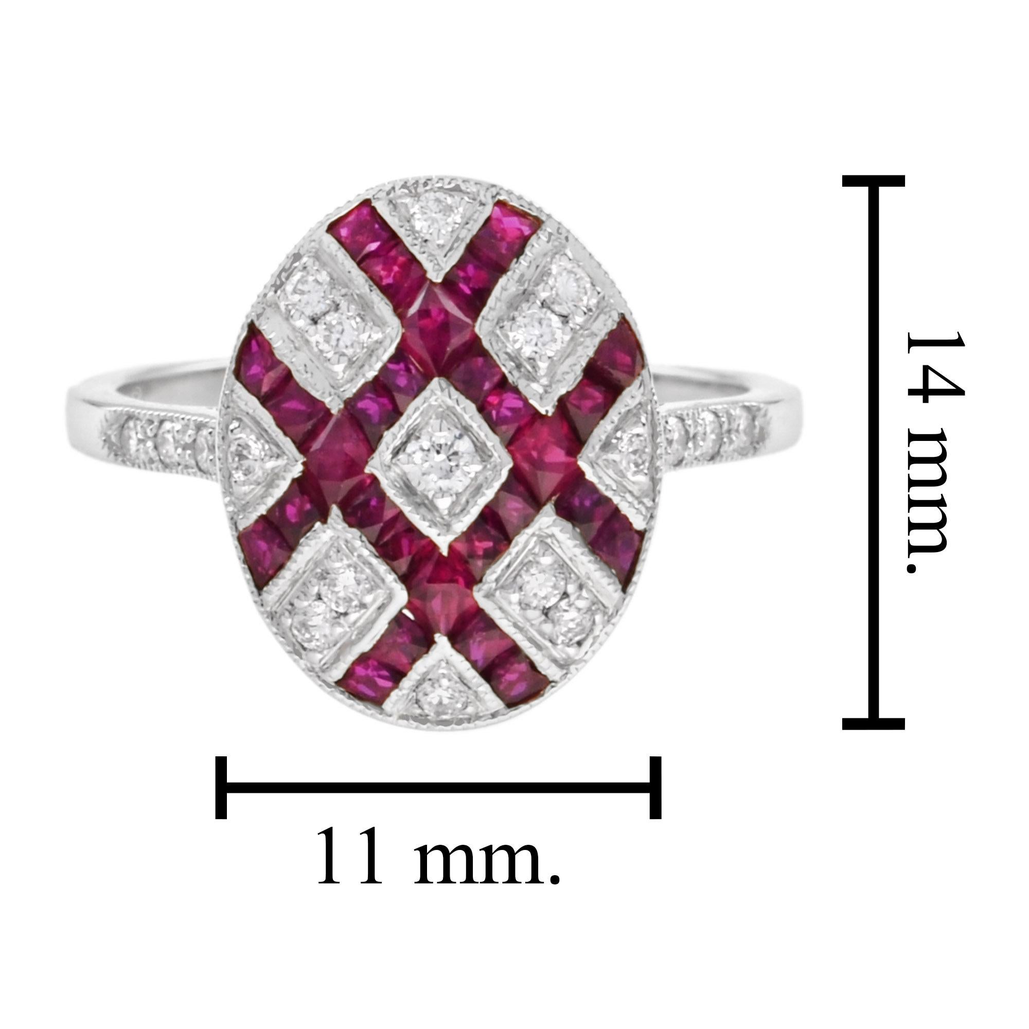 For Sale:  Art Deco Style Square Ruby and Diamond Ellipse Cocktail Ring in 18K White Gold 6