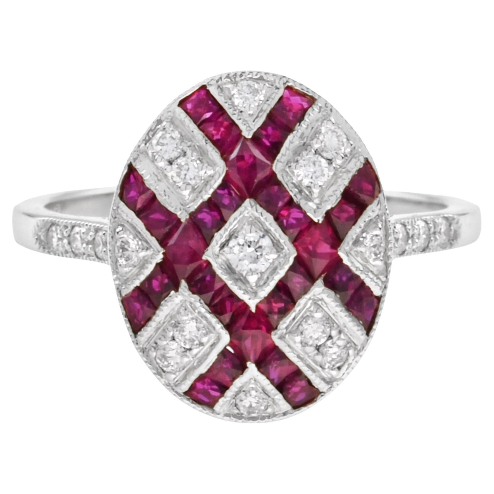 For Sale:  Art Deco Style Square Ruby and Diamond Ellipse Cocktail Ring in 18K White Gold