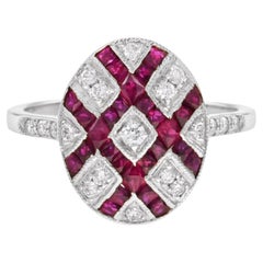 Art Deco Style Square Ruby and Diamond Ellipse Cocktail Ring in 18K White Gold