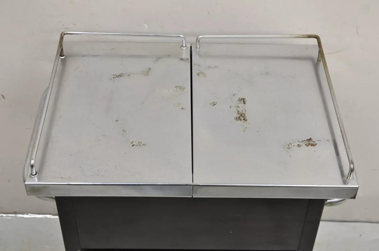 Unknown Art Deco Style Stainless Steel Metal Black Rolling Medical Dental Cabinet Table
