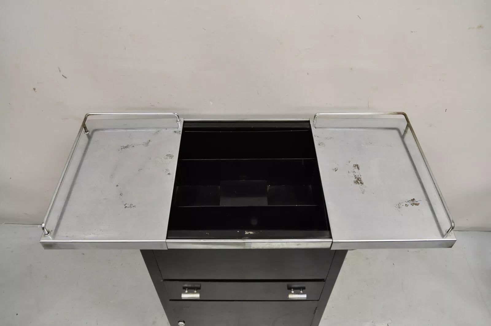 Art Deco Style Stainless Steel Metal Black Rolling Medical Dental Cabinet Table In Good Condition In Philadelphia, PA
