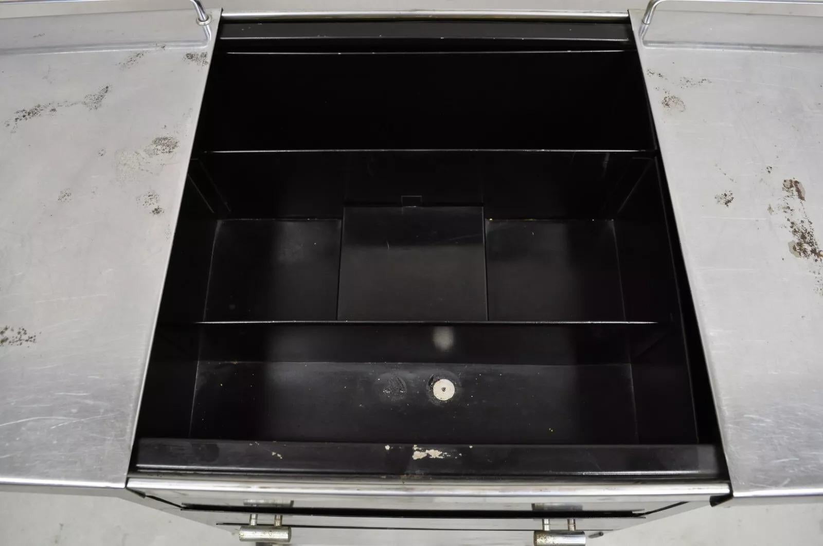 20th Century Art Deco Style Stainless Steel Metal Black Rolling Medical Dental Cabinet Table