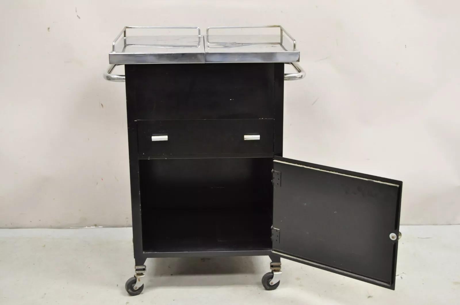 Art Deco Style Stainless Steel Metal Black Rolling Medical Dental Cabinet Table 4