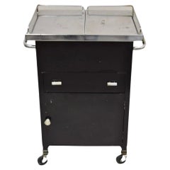 Used Art Deco Style Stainless Steel Metal Black Rolling Medical Dental Cabinet Table