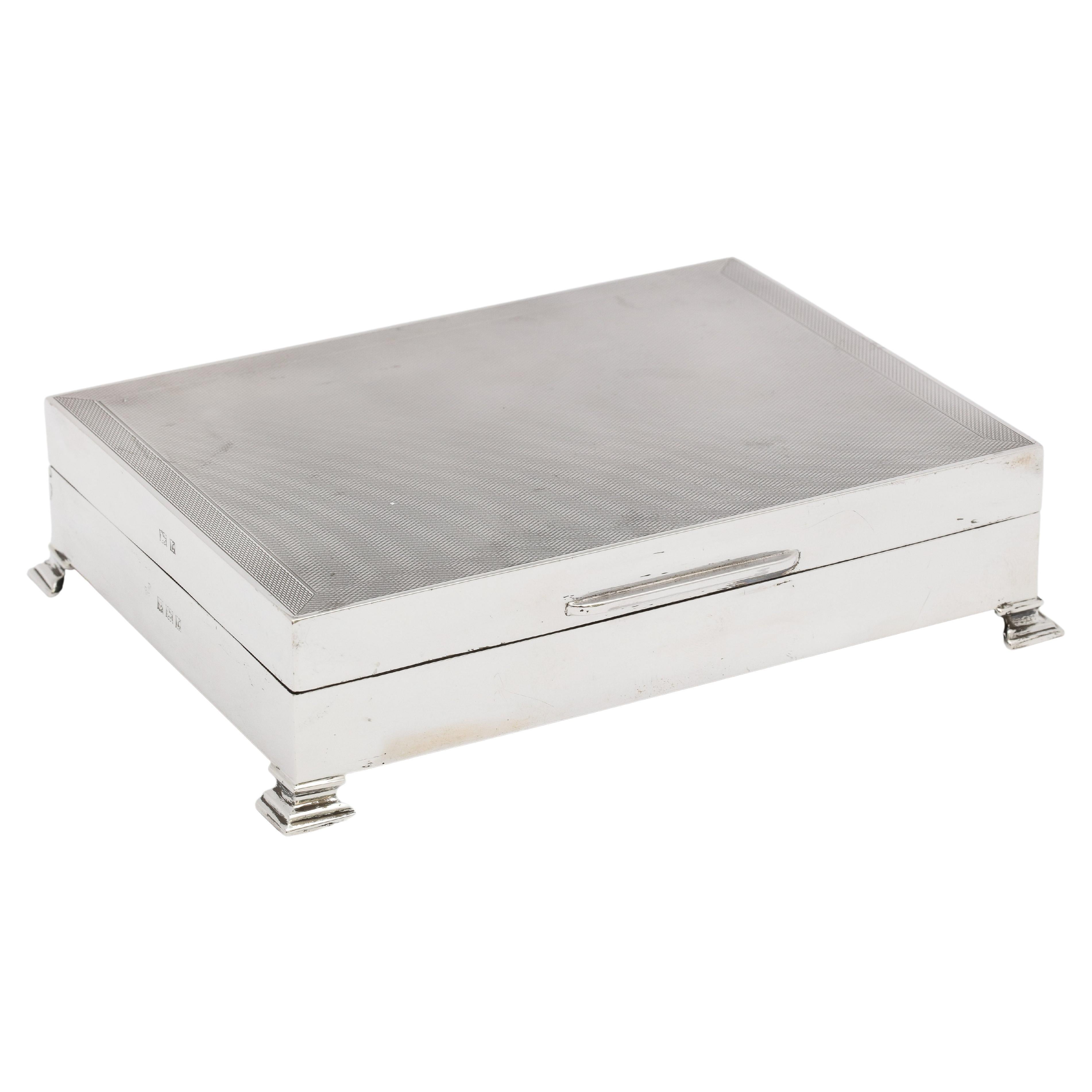 Art Deco Style Sterling Silver Engine-Turned Footed Table Box with Hinged Lid