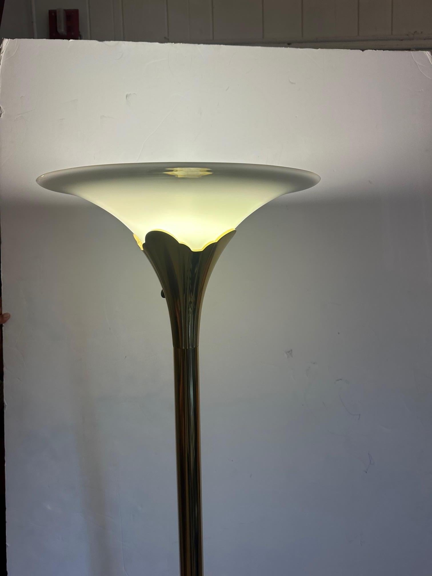 Art deco style vintage solid brass tulip style torchiere with milk glass diffuser.  Re-wired 3 Way switch. Lotus base and Stiffel label

Shade 15” diameter at top


Chris D