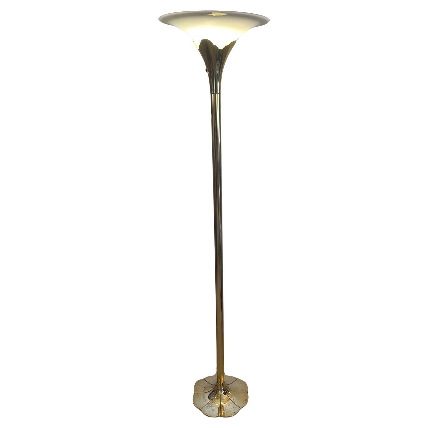 Art Deco Style Stiffel Solid Brass Tulip Torchiere Floor Lamp For Sale