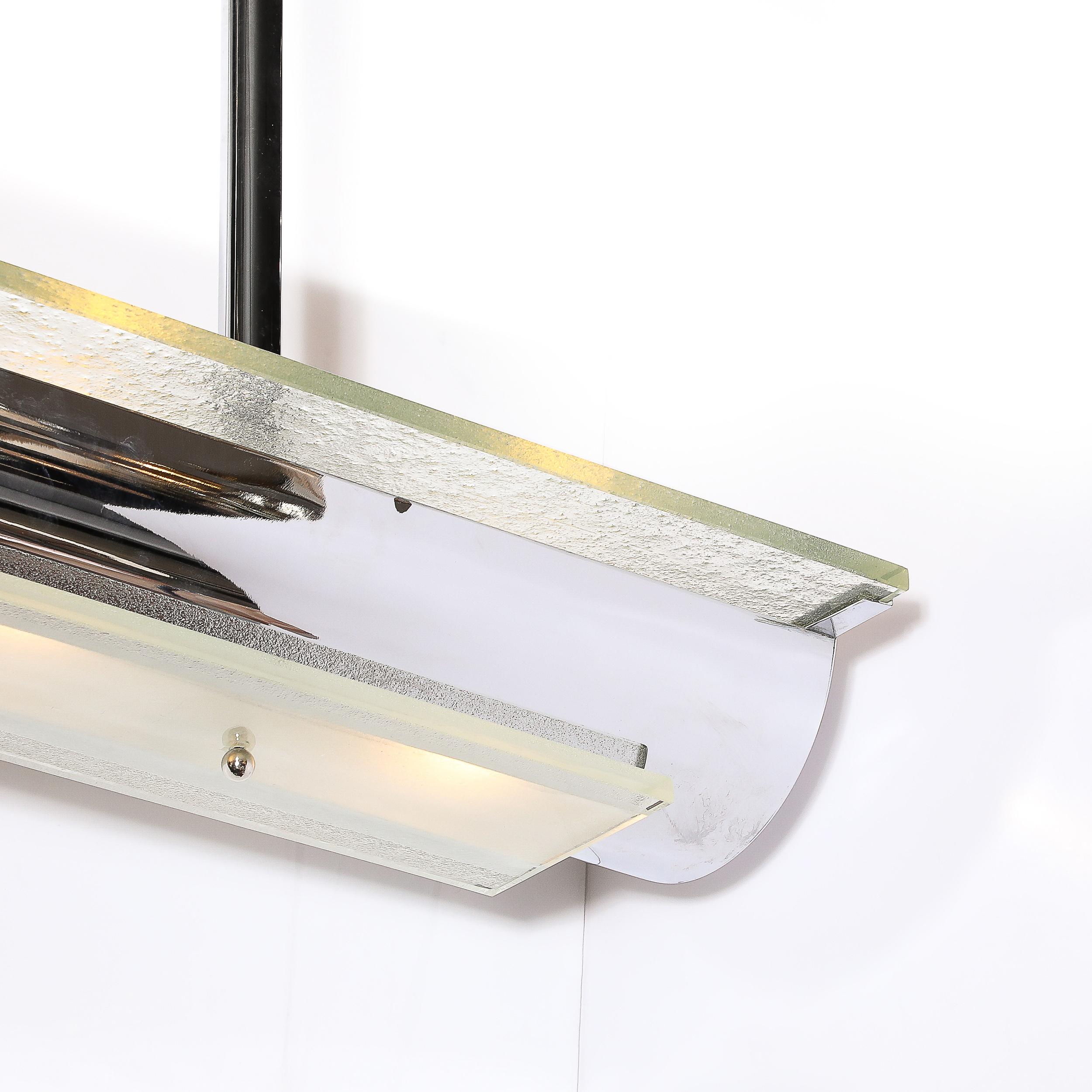 Art Deco Stil stromlinienförmige Machine Age Zweistöckige Pendelleuchte aus gesprenkeltem Glas und Chrom (Art déco) im Angebot