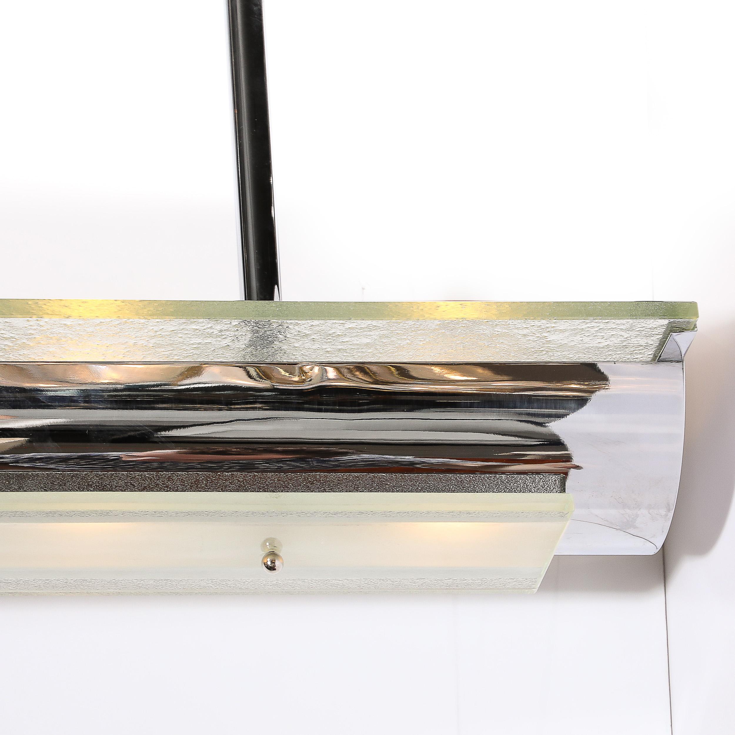 Art Deco Stil stromlinienförmige Machine Age Zweistöckige Pendelleuchte aus gesprenkeltem Glas und Chrom im Zustand „Hervorragend“ im Angebot in New York, NY