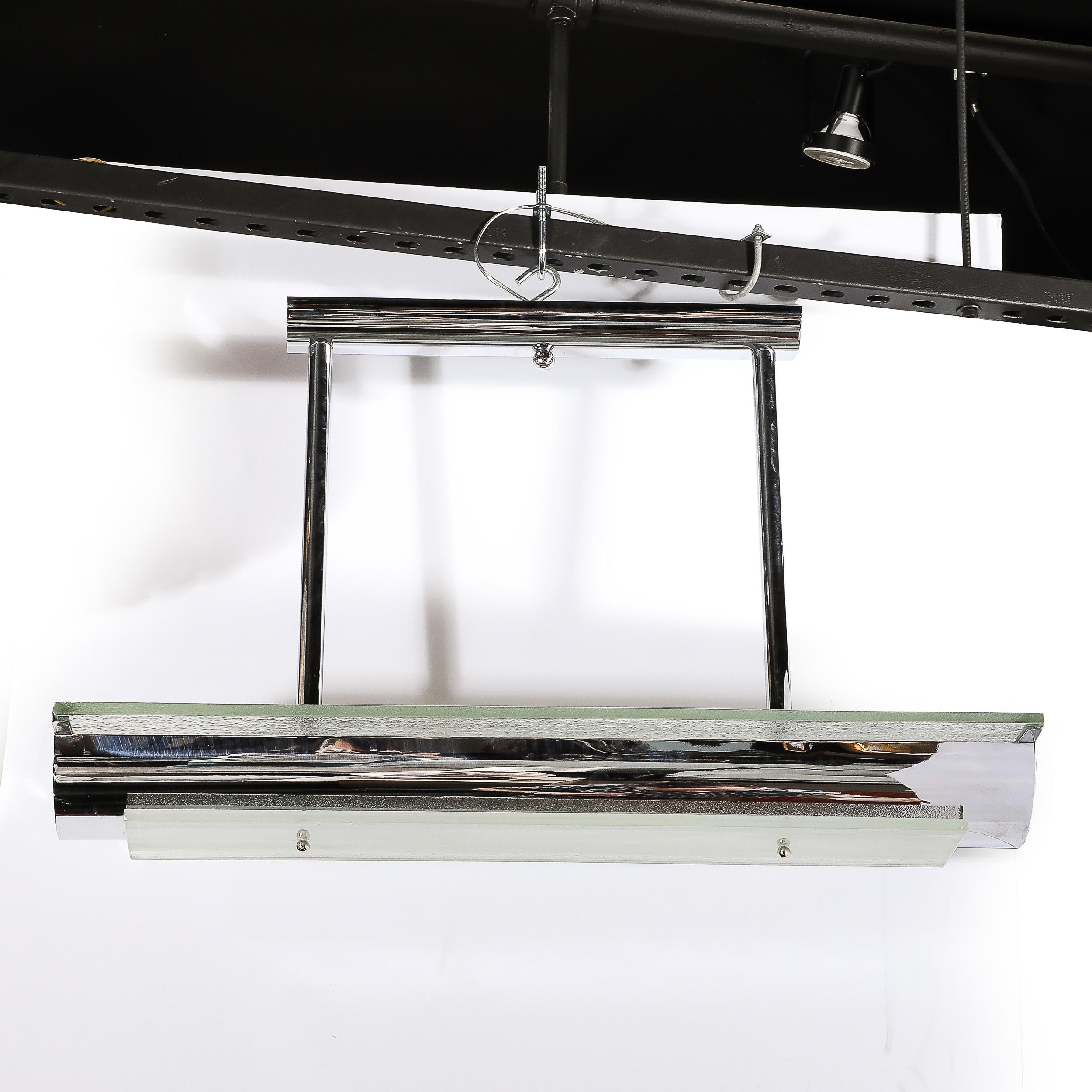 Art Deco Stil stromlinienförmige Machine Age Zweistöckige Pendelleuchte aus gesprenkeltem Glas und Chrom im Angebot 1