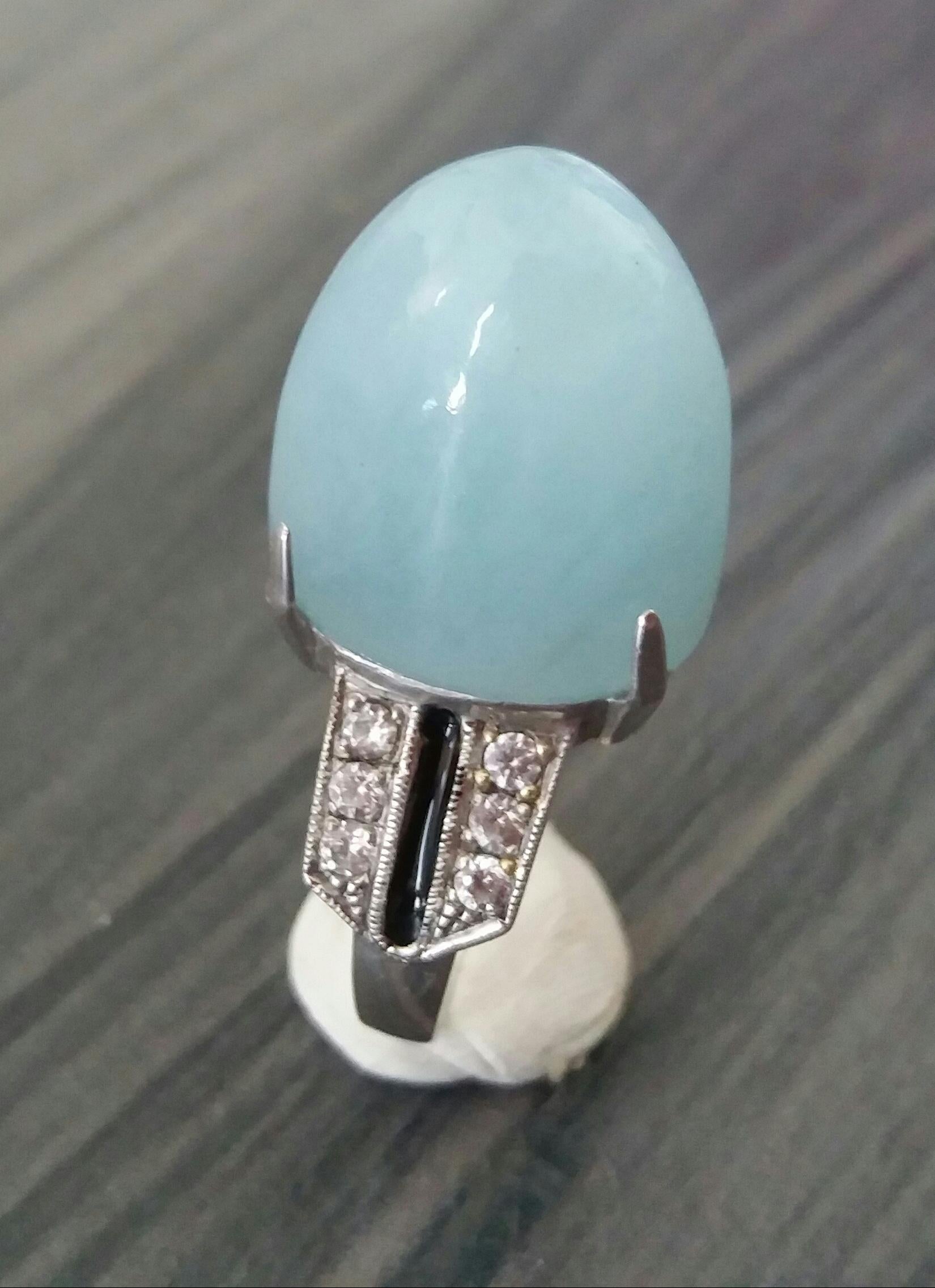 Art Deco Style Sugar Loaf Aquamarine Gold Diamonds Black Enamel Cocktail Ring In Good Condition For Sale In Bangkok, TH