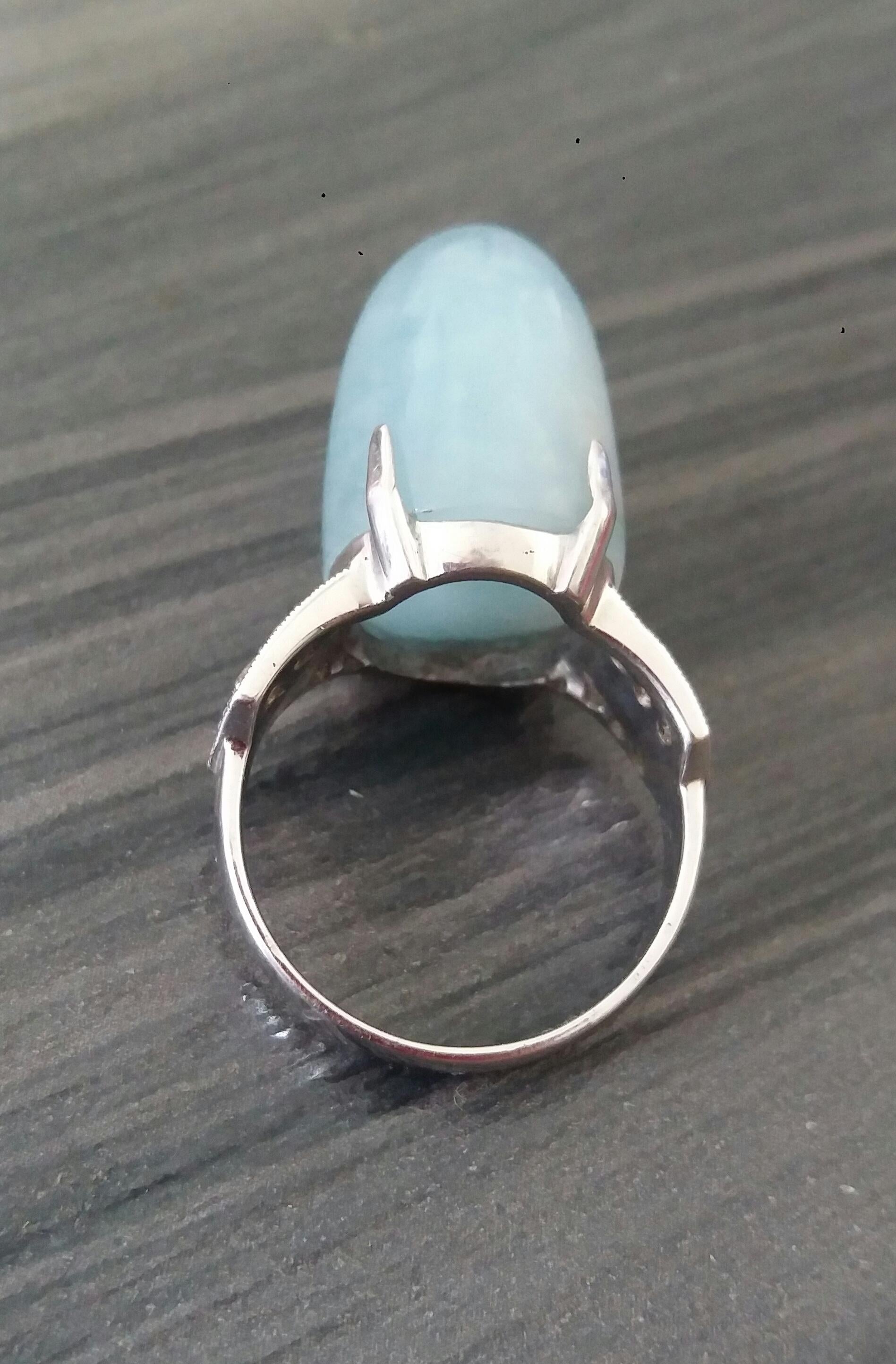 Art Deco Style Sugar Loaf Aquamarine Gold Diamonds Black Enamel Cocktail Ring 2