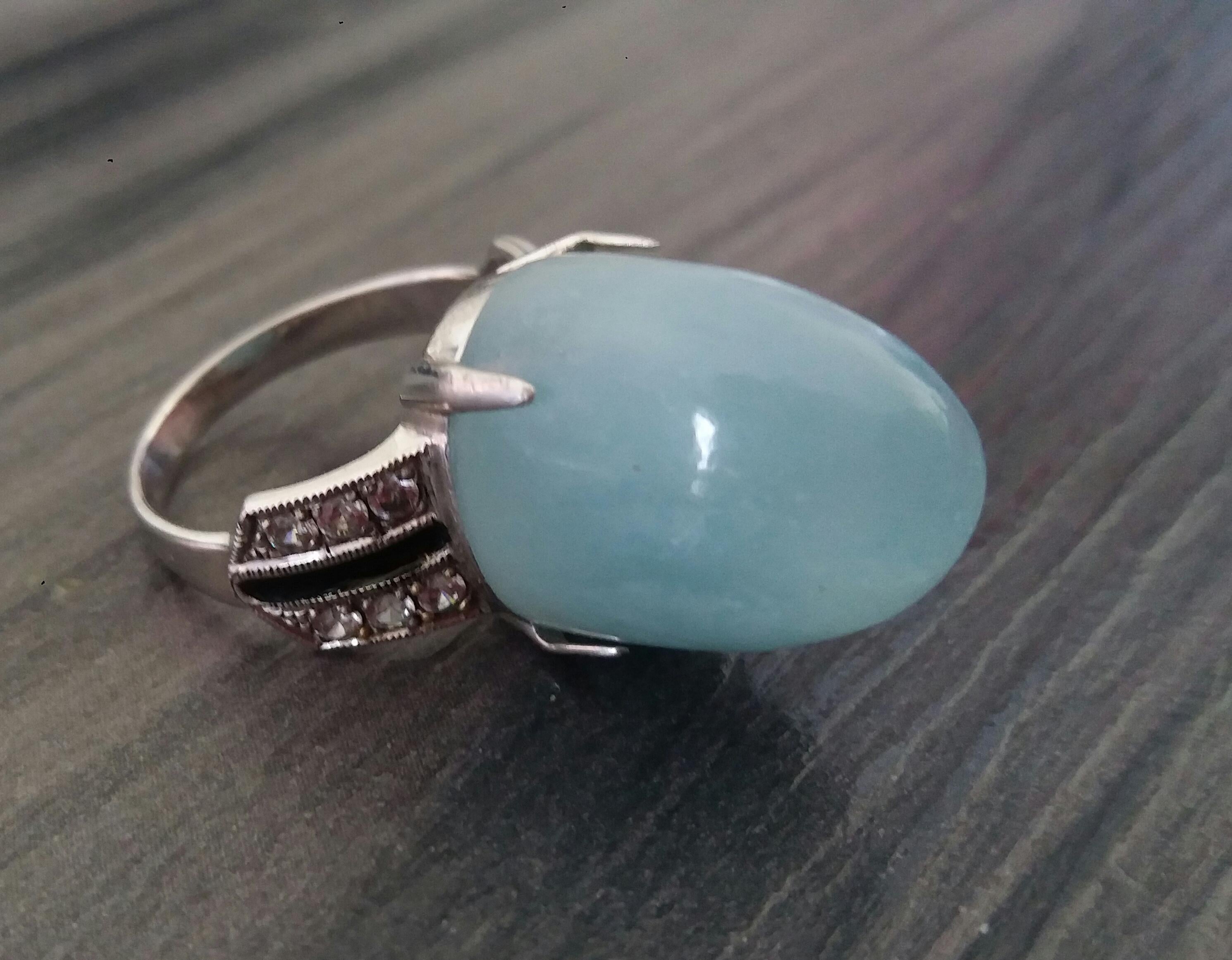 Art Deco Style Sugar Loaf Aquamarine Gold Diamonds Black Enamel Cocktail Ring 4