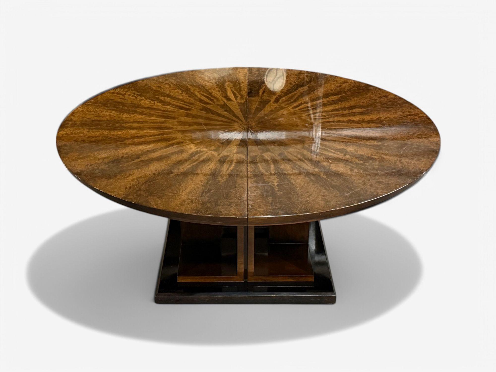 Table de salle à manger de style Art déco, acajou Sunburst, laqué, table centrale, 20e siècle en vente 1