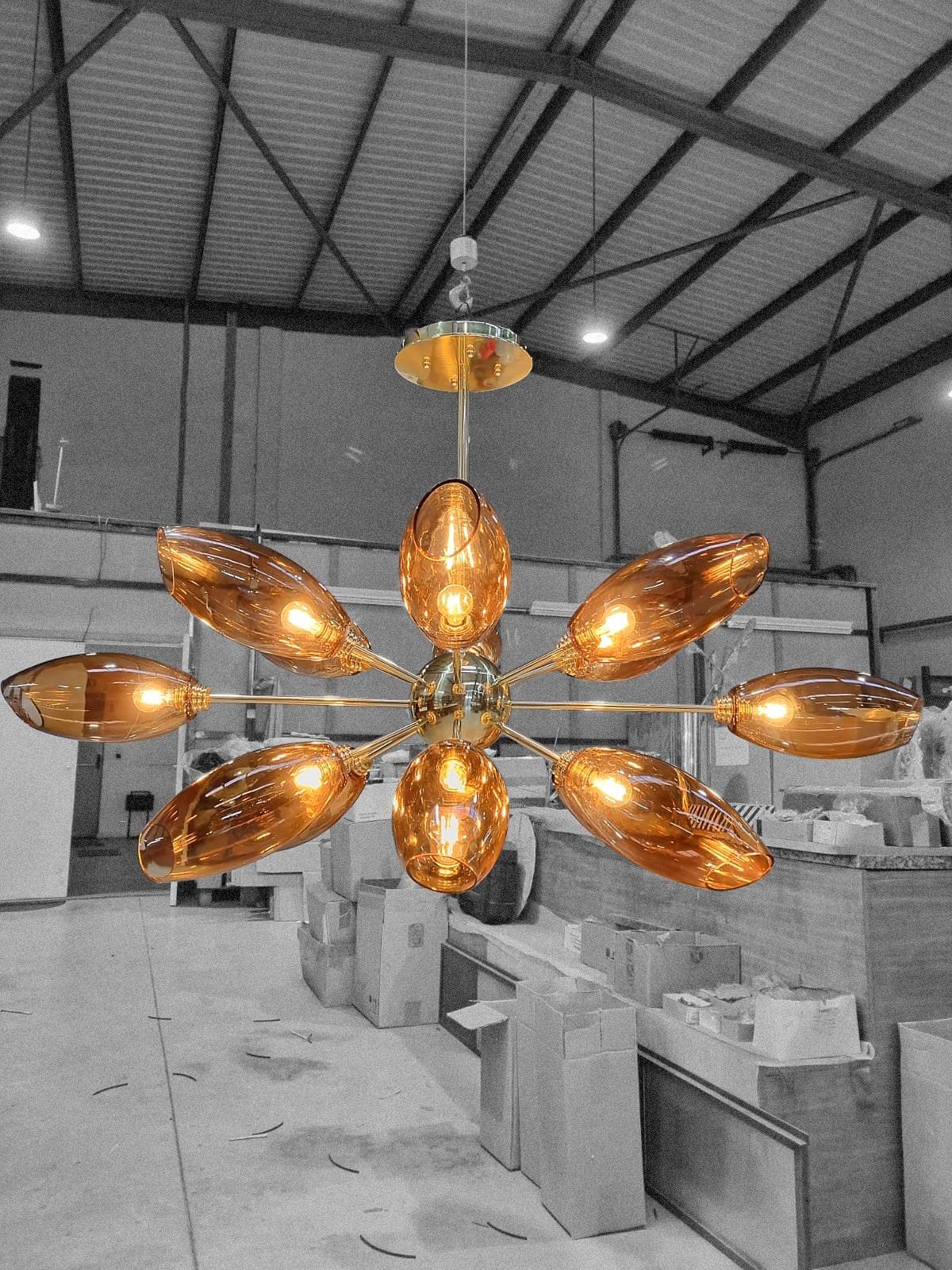 Portuguese Art Deco Style Suspension Lamp Amber Blown-Glass & Polished Brass Structure For Sale