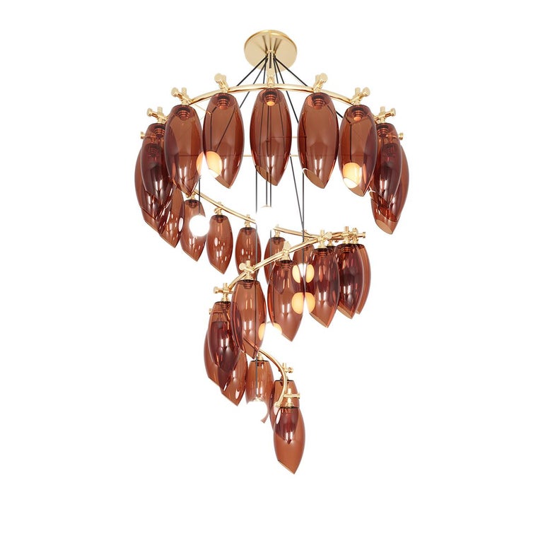Portuguese 21th Century Art Deco Style Suspension Lamp Chandelier Amber Colored Glass For Sale