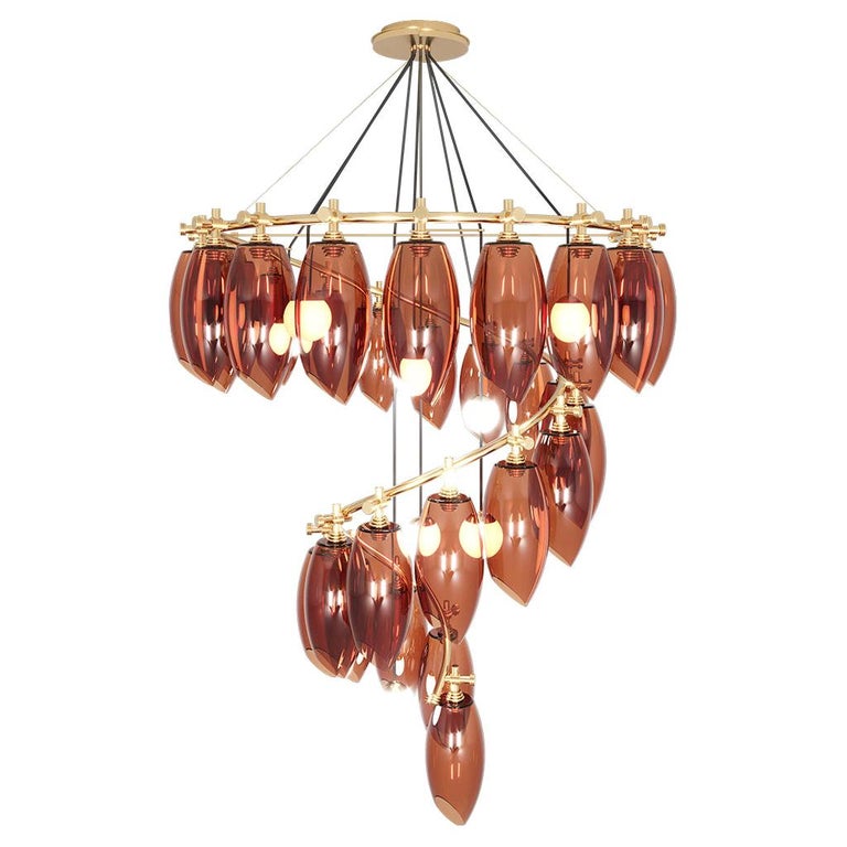 21th Century Art Deco Style Suspension Lamp Chandelier Amber Colored Glass For Sale