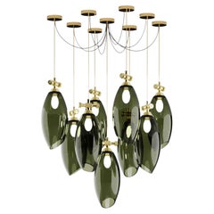 Art Deco Style Suspension Lamp Composed of 9 Green Glass Lampshades