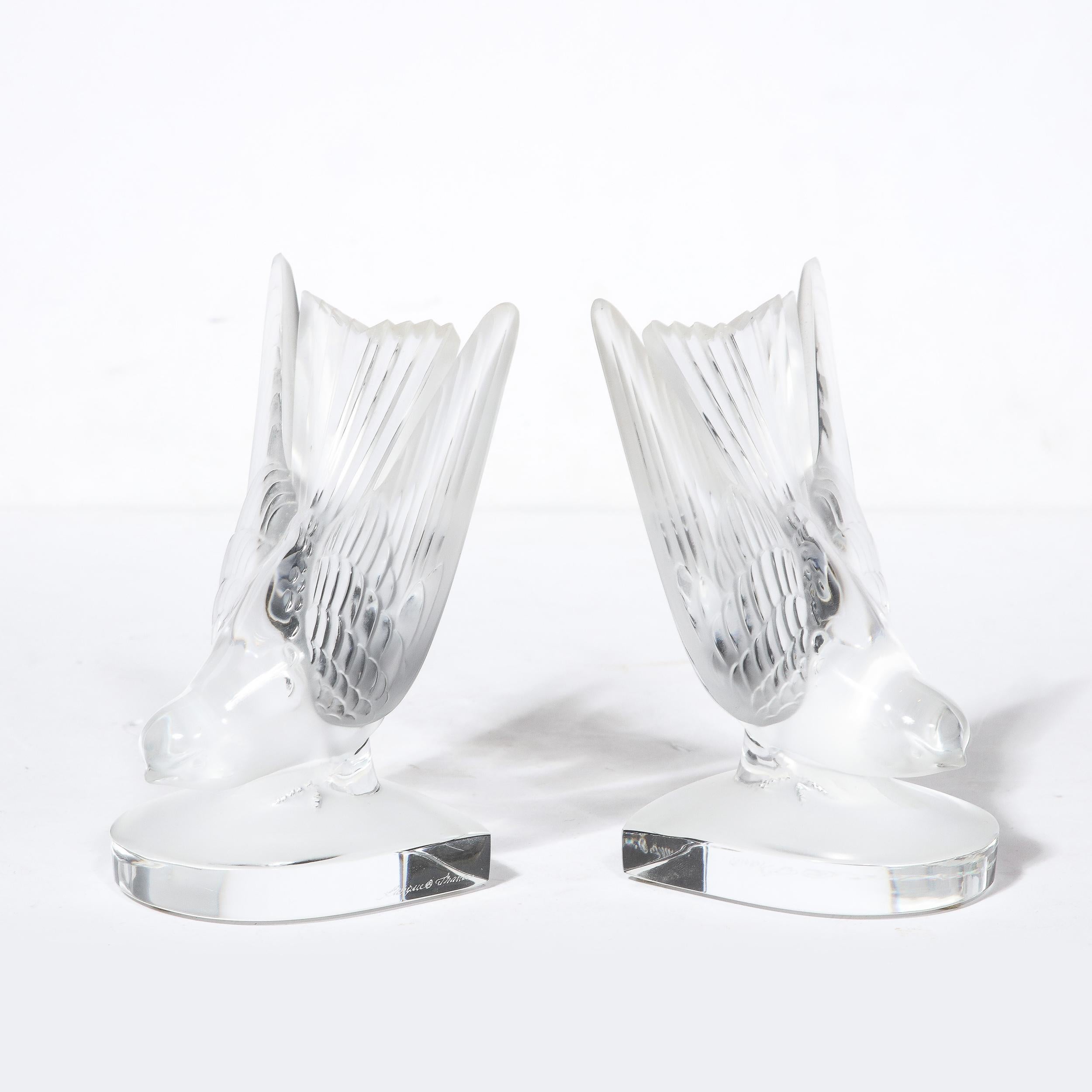 French Art Deco Style 'Swallow' Bookends in Molded and Frosted Crystal signed Lalique For Sale