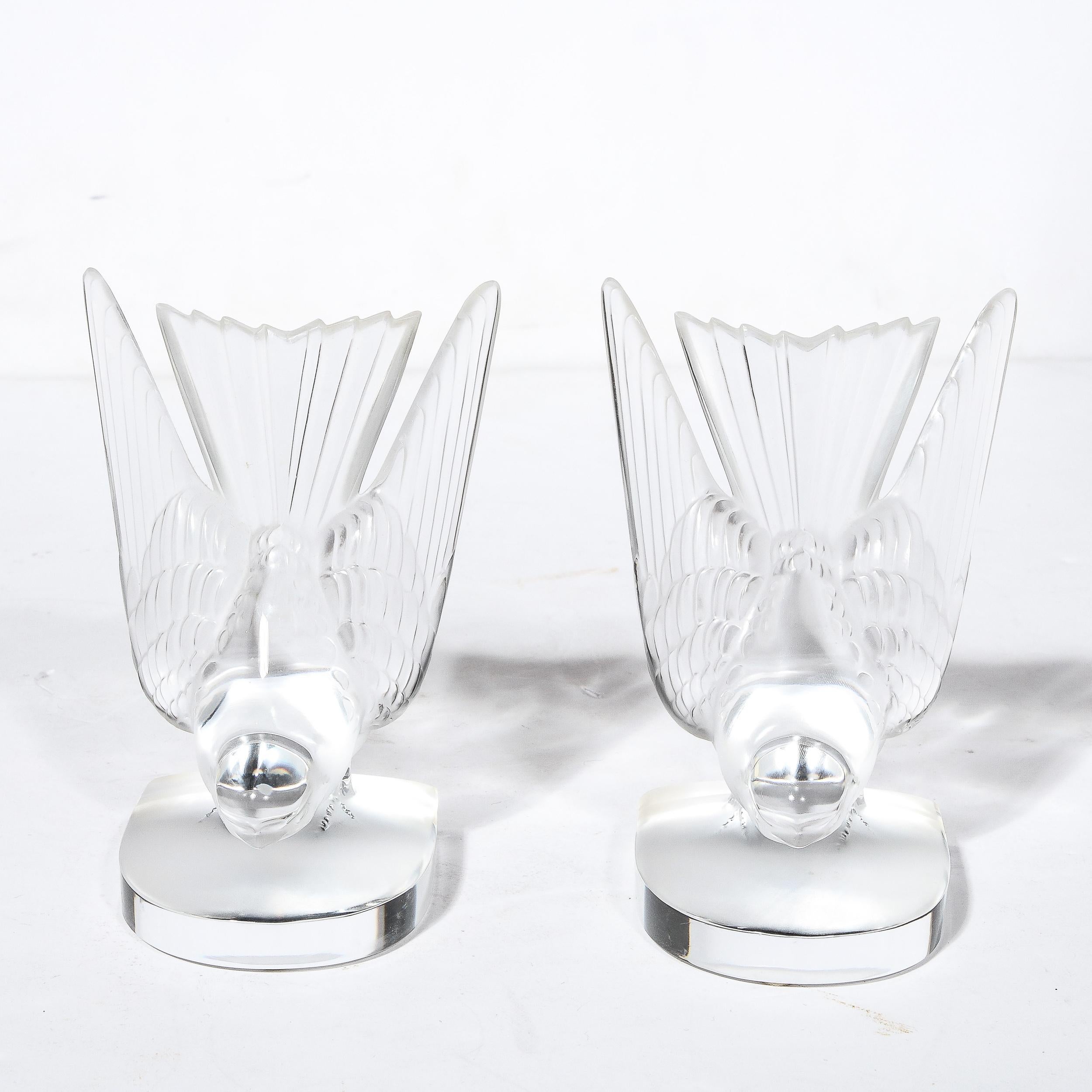 20th Century Art Deco Style 'Swallow' Bookends in Molded and Frosted Crystal signed Lalique For Sale
