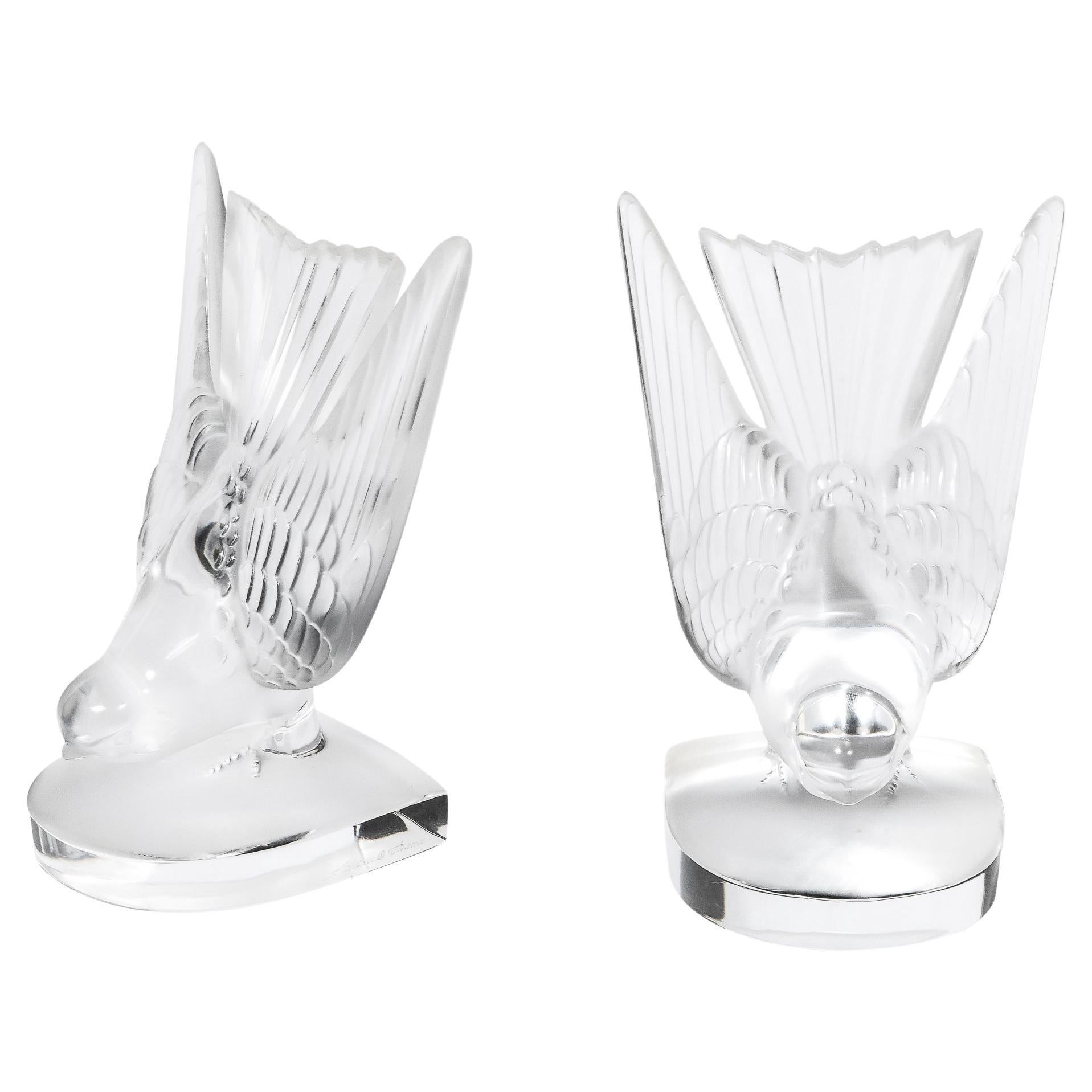 Art Deco Style 'Swallow' Bookends in Molded and Frosted Crystal signed Lalique