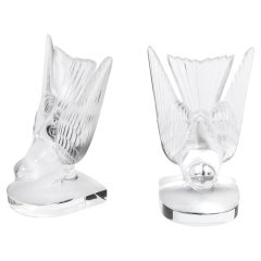 Vintage Art Deco Style 'Swallow' Bookends in Molded and Frosted Crystal signed Lalique