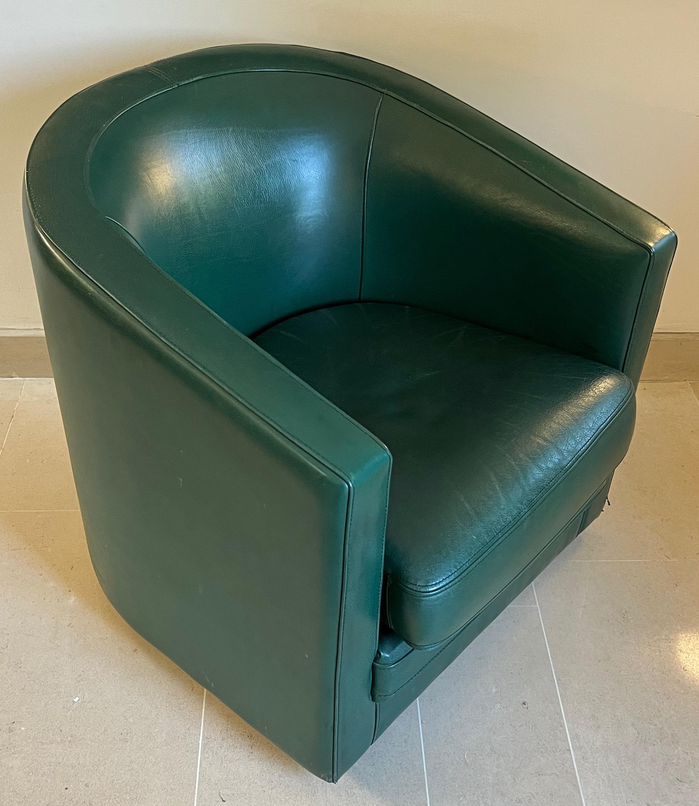 French Art Deco Style Swivel Green Leather Club Armchair. Circa 1980 For Sale