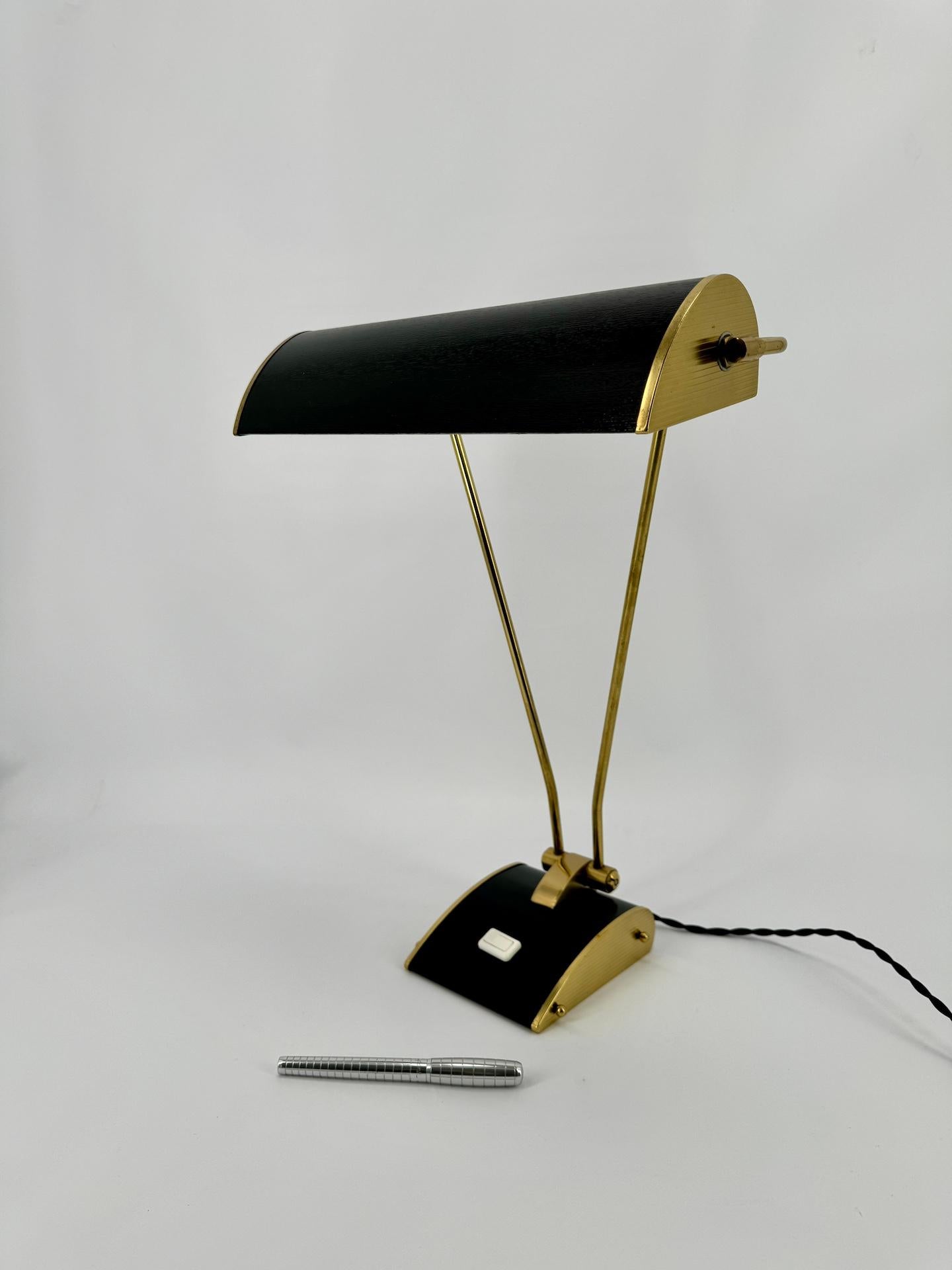 French Art Deco Style Table Lamp by JUMO in Black And Brass Finish France Circa 1950