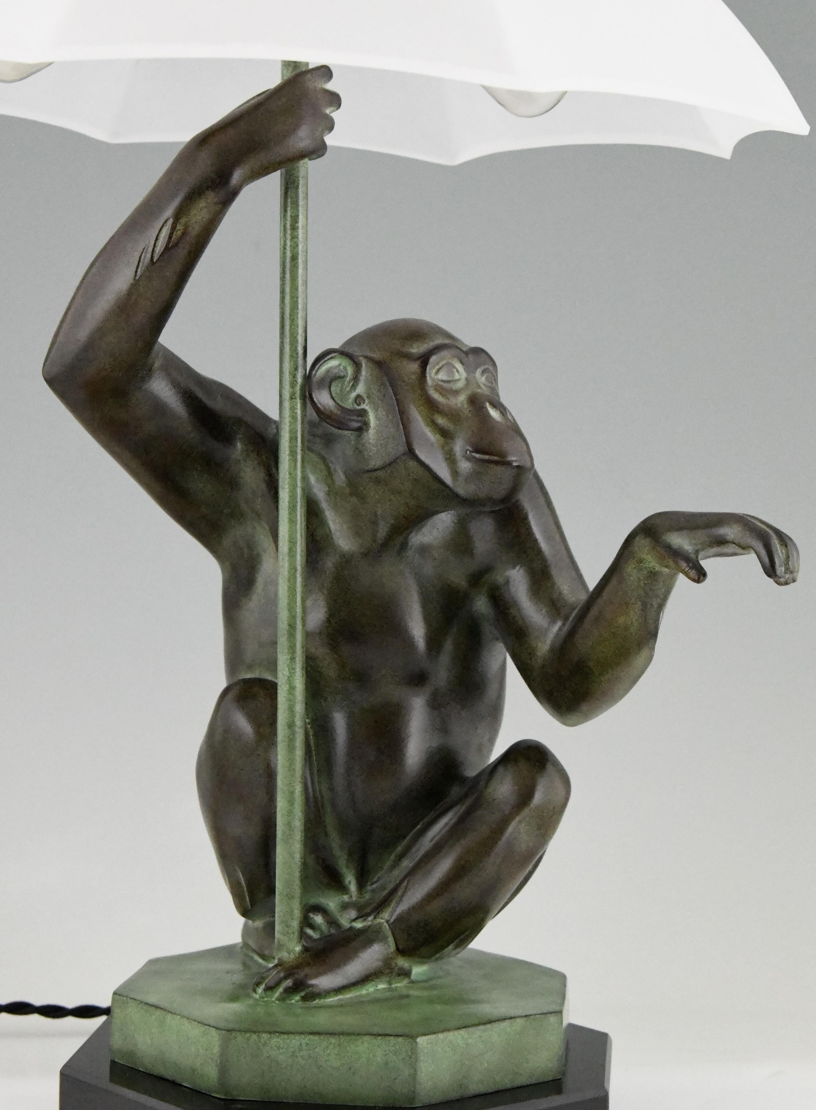 Art Deco Style Table Lamp Monkey with Umbrella by Max Le Verrier France 1