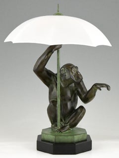 Art Deco Style Table Lamp Monkey with Umbrella by Max Le Verrier France
